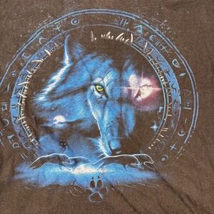 VTG Y2K Wolf Graphic T Shirt Mens 3XL Black Blue Native American Dream Catcher